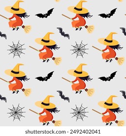 Halloween pattern with witch on a broom. Halloween background, seamless pattern. Orange witch flying on broom