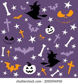 Halloween pattern with a witch on a broomstick and an evil pumpkin face as well as bats, crosses and bones on a purple background