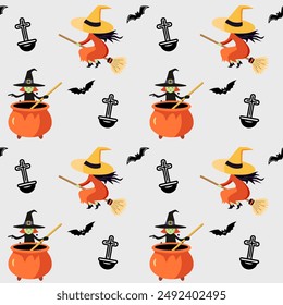 Halloween pattern with witch. Orange witch flying on broom and brews a potion. Halloween background, seamless pattern. 