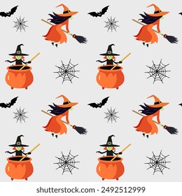 Halloween pattern with witch. Orange witch flying on broom and brews a potion. Halloween background, seamless pattern. 