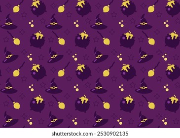 Halloween pattern with witches and cauldrons. Colored vector illustration.