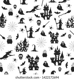 Halloween pattern with witches, spooky haunted haouses, ghosts, bats and spiders. October party kids background. 