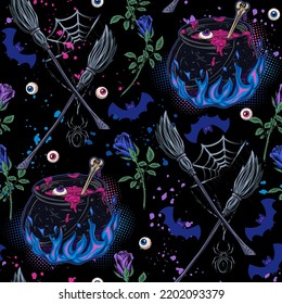 Halloween pattern with witchy cauldron with bubbling pink potion, magic blue fire, bone, broom, round halftone shapes, roses, spider, bat, spiderweb, human eyeballs. Small abstract spots behind