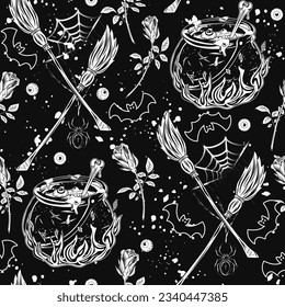 Halloween pattern with witchy cauldron with bubbling potion, fire, bone, broom, roses, spider, bat, spiderweb, human eyeballs. For prints, clothing, t shirt, surface design. Vintage style