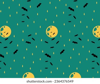 Halloween pattern, yellow moon and bats. On a transparent background, vector design, starry sky.