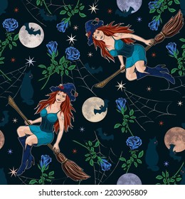 Patrón de Halloween con bruja joven y hermosa volando sobre broomstick, silueta de murciélagos, luna llena, rosas azules, estrellas, telaraña. Ilustración colorida de estilo vintage.