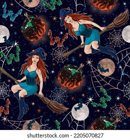 Halloween pattern with young beautiful witch flying on broomstick, silhouette of bats, full moon, pot with potion on fire, stars, spiderweb. Colorful illustration in vintage style.