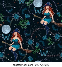 Halloween pattern with young beautiful witch flying on broomstick, silhouette of bats, full moon, blue roses, stars, spiderweb, string of black pearls. Colorful illustration in vintage style.