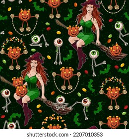 Halloween pattern with young pretty witch sitting on broomstick, silhouette of bats, monsters of bones, eyeballs, pumpkins like having fun kids. Colorful illustration in vintage style.