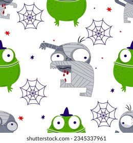 halloween pattern zombie and frog in doodle style vector illustration.
