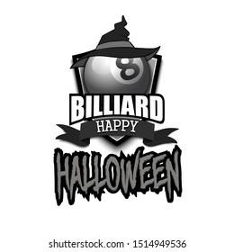 Halloween pattern.Billiard logo template design. Billiard ball with witch hat. Pattern for banner, poster, greeting card, party invitation. Vector illustration