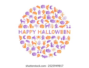 Halloween patterned circular icon. Vector illustration. Happy Halloween decorative lettering in the middle. Orange and purple gradient. 