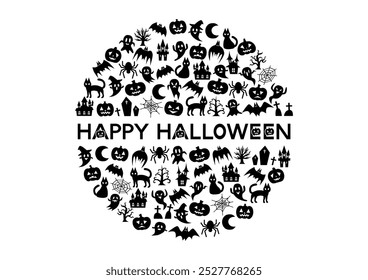 Halloween patterned circular icon. Vector illustration. Happy Halloween decorative lettering in the middle. Black icon on white background.