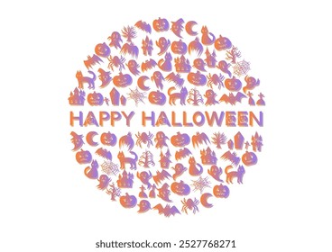 Halloween patterned circular icon. Vector illustration. Happy Halloween decorative lettering in the middle. Orange and purple gradient. 
