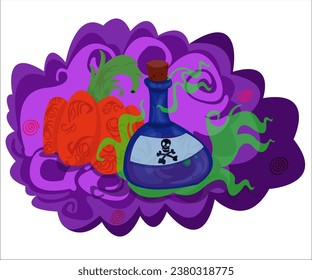 A Halloween patterned pumpkin and a blue bottle with a poisonous liquid, a weird background. This cartoon, comic illustration can be used for scary Halloween parties, invitations. Vector, isolated.