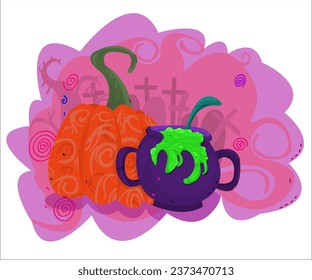 A Halloween patterned pumpkin and a cauldron with boiling green beverage, a cemetery fantasy background. This cartoon illustration can be used for Halloween scary parties. Vector, isolated.