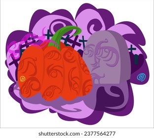 A Halloween patterned pumpkin near a tombstone on a creepy, strange, eerie cemetery. This cartoon illustration can be used for Halloween scary parties, invitations, greetings. Vector, isolated.