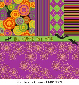 Halloween Patterns - 5 seamless Halloween patterns in warm orange, purple, black and green, including argyle, stripes, spiderwebs and concentric circles