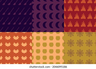 Halloween patterns collection, backgrounds set, vector illustration. Moon, spiderweb, bat, bonfire, witch's broom and cauldron patterns.