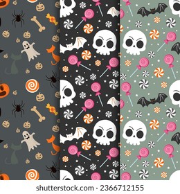 Halloween patterns collection with candy and skull