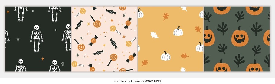 Halloween patterns collection. Vector illustration in modern flat cartoon style of four seamless patterns with Halloween symbols: pumpkins, skeletons, and candies