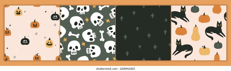 Halloween Patterns collection. Vector illustration in modern flat cartoon style of four seamless patterns with Halloween symbols: pumpkins, black cat, and skulls