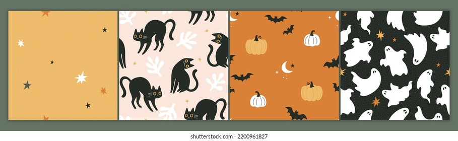 Halloween patterns collection. Vector illustration in modern flat cartoon style of four seamless patterns with Halloween symbols: pumpkins, black cats, and ghosts