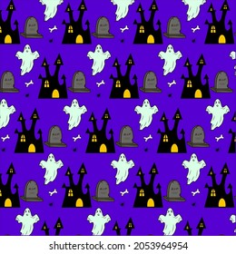 Halloween patterns ghost, castle, grave, bone, spider