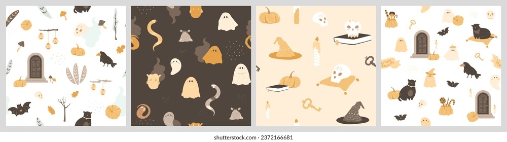 Halloween patterns set. Bohemian background with witch cat, cute monsters, snake, raven, skull on book with floating candles. Door to afterlife, mushrooms and autumn leaves. Vector illustration.