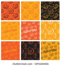 Halloween patterns in the set. Endless textures can be used for wallpaper, patterns, web page, background, surface. vector illustration in orange, yellow, black colors.
