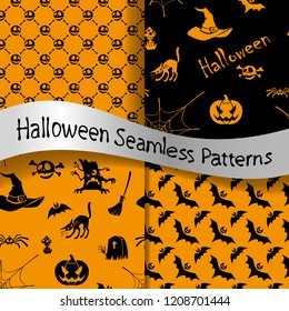 Halloween Patterns
Set of four seamless patterns for All Saints Day. Black and orange background for design. Vector. EPS-10.