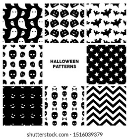 Halloween patterns set, ghosts, pumpkins, bats and abstract seamless backgrounds. 