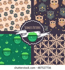 Halloween patterns set. Seamless patterns with owls, witches cauldron and spider web. Vector background for halloween party.