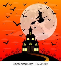 Halloween patty. Witch and bats are flying witch in the woods near the castle