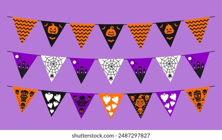 Guirnalda de banderín de Halloween. Celebración de vacaciones de otoño guirnaldas espeluznantes con calabaza Jack en linterna, murciélagos voladores y castillo. Pendientes de Vector de Halloween con telaraña, bruja de miedo y fantasmas monstruos