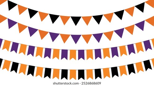 Banderines de Halloween, naranja y púrpura o naranja y negro festival bunting guirnalda, elemento decorativo de vacaciones, Ilustración vectorial panorámica