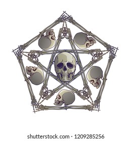 Halloween pentagrame. Human hand bones and skulls arranged in an intricate gothic occult ornament. Tattoo design. Isolated on white background. EPS10 vector illustration