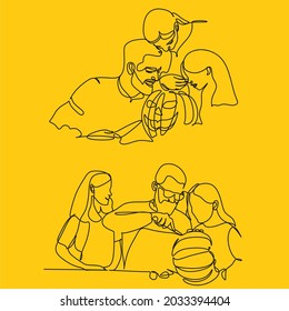 Halloween people celebration. Scary costume and family Haloween line art
