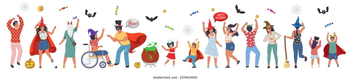 Halloween people character dressed in costumes dancing vector set. Happy elderly, adults and children wearing festival hat having fun celebrating October spooky holiday illustration