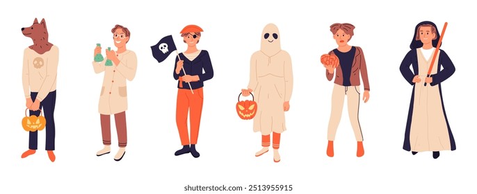 Gente de Halloween. Personajes con disfraces de disfraces de disfraces de Halloween, conjunto de Ilustración vectorial plana de fiesta de truco o trato. Personas de Halloween aterradoras en disfraces de carnaval