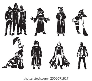 Halloween people in costume silhouette full isolated