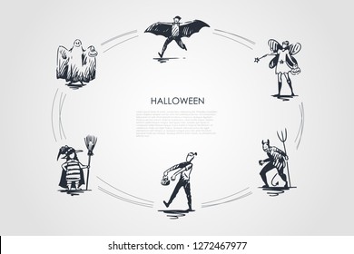 Halloween - people in costumes of ghost, bat, devil, fairy, witch, zombie vector concept set. Hand drawn sketch isolated illustration