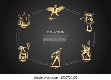 Halloween - people in costumes of ghost, bat, devil, fairy, witch, zombie vector concept set. Hand drawn sketch isolated illustration