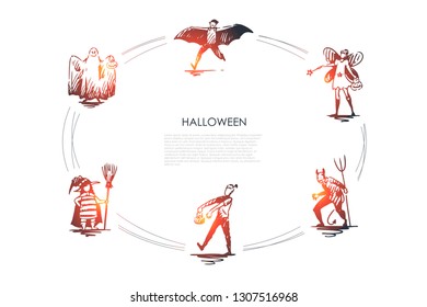Halloween - people in costumes of ghost, bat, devil, fairy, witch, zombie vector concept set. Hand drawn sketch isolated illustration