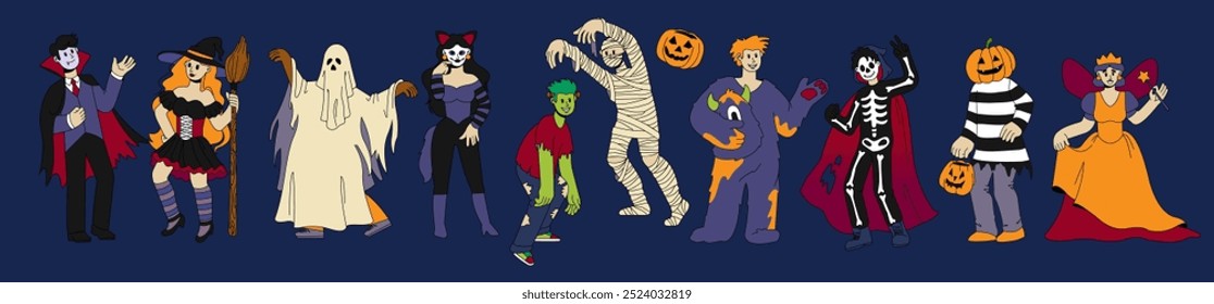 Halloween people. Holiday costume. Spooky ghost. Vampire man. Witch and scary mummy. Woman in princess dress. Character skeleton. Masquerade group. Carnival party clothing. Vector autumn monsters set