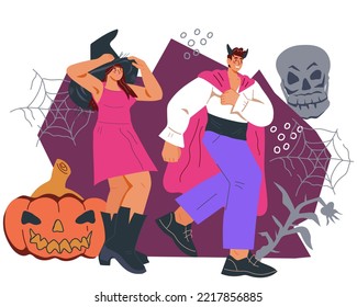 Halloween people in masquerade costumes rush to holiday party. Halloween witch woman and Dracula Evil man characters on dark background, flat vector isolated illustration.