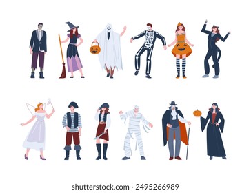 Halloween people. Teenagers wear spooky costumes for party or festival. Happy adults on creepy carnival, ghost witch zombie kicky vector characters