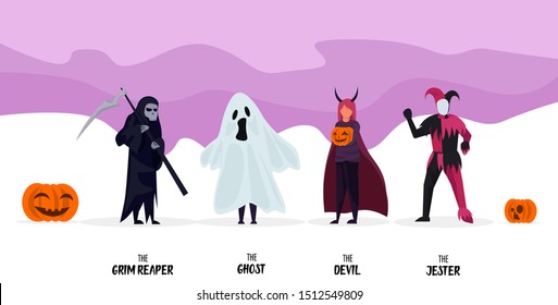 Halloween people vector pack costume. Include the Grim Reaper, the Ghost, the Devil, and the Jester.