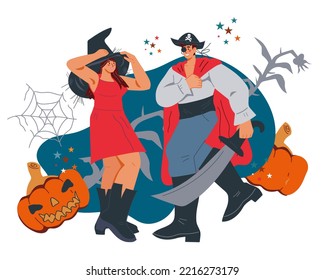 Halloween people witch woman and pirate man celebrating the eve of All Saints' Day on dark background, flat vector isolated illustration on white backdrop. Halloween party banner.