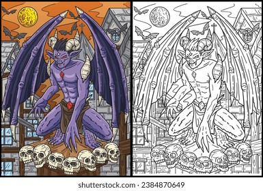 Halloween Perching Gargoyle Coloring Illustration